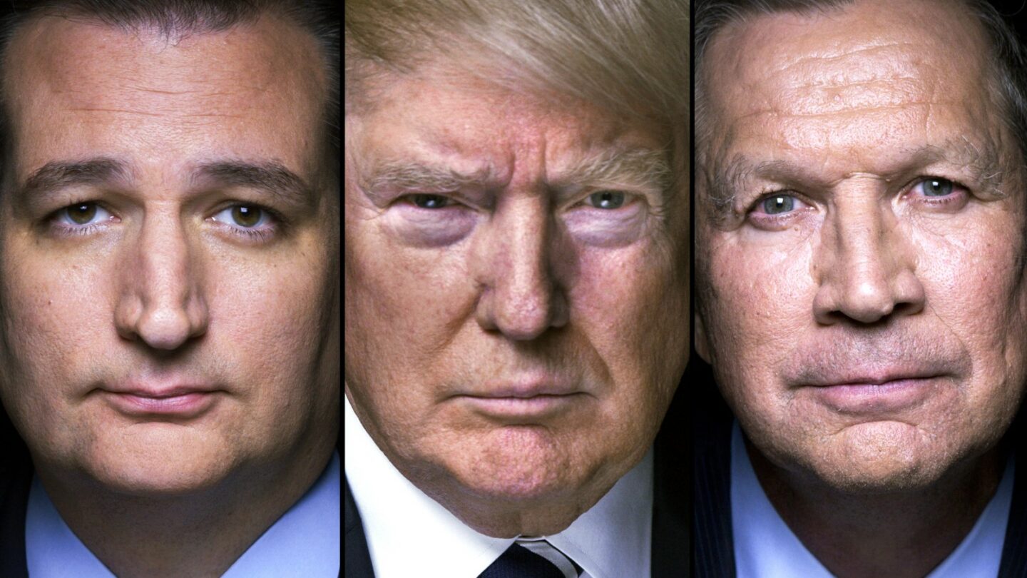 Donald Trump v sevření dvou slabších rivalů. Ted Cruz (vlevo) a John Kasich (vpravo) chtějí společně dosáhnout toho, aby Donald Trump (uprostřed) nezískal potřebný počet delegátů k automatické republikánské nominaci do boje o Bílý dům.