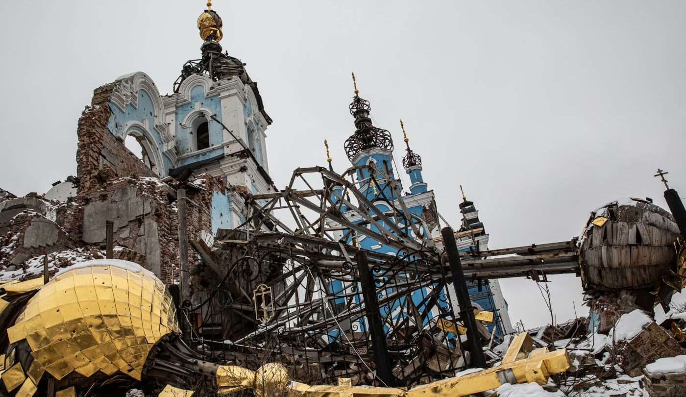 Pravoslavný chrám Matky Boží ve vsi Bohorodyčne v Doněcké oblasti, který v červnu 2022 rozbombardovala ruská armáda.