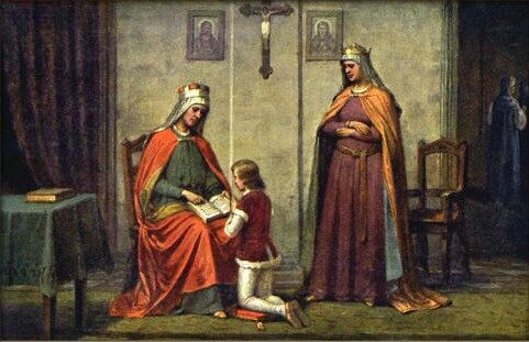 Kněžna Drahomíra s mladým Václavem a Ludmilou na obrazu malíře Josefa Mathausera. 