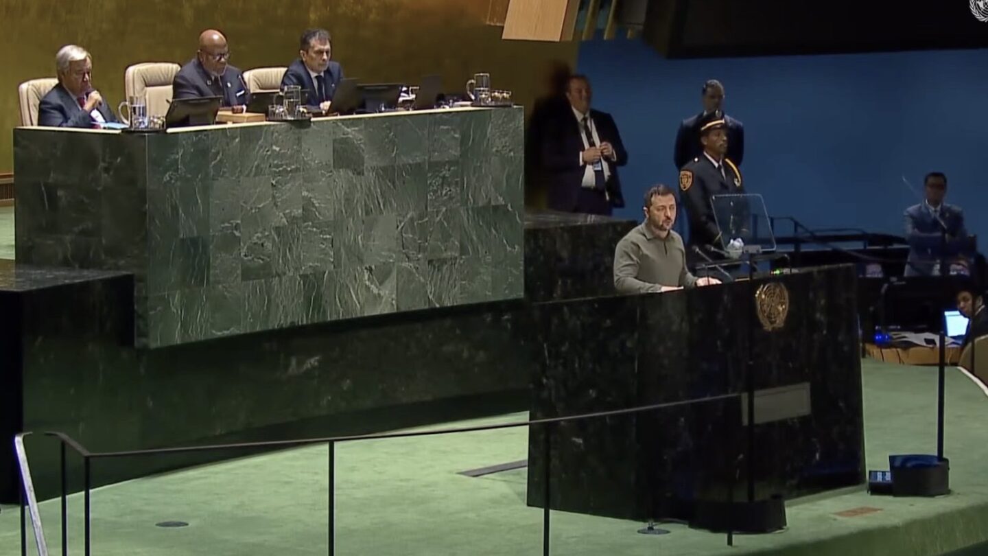 Ukrajinský prezident během projevu na Valném shromáždění OSN v New Yorku.