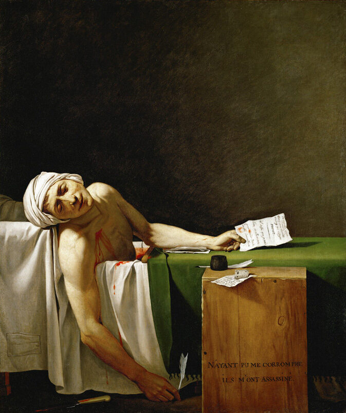 Malíř Jacques Louis David na svém slavném obrazu Maratova smrt z roku 1793 vykreslil zavražděného mnohem lichotivěji oproti skutečnosti. 