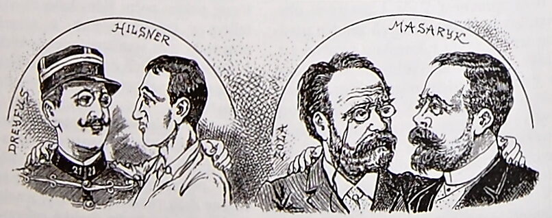 Karikatura znázorňující podobnost hilsneriády a Dreyfusovy aféry, zveřejněná v Humoristických listech v roce 1900.