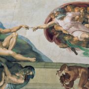 Stvoření Adama na stropě Sixtinské kaple v Římě (Michelangelo Buonarroti, 1508–1512).