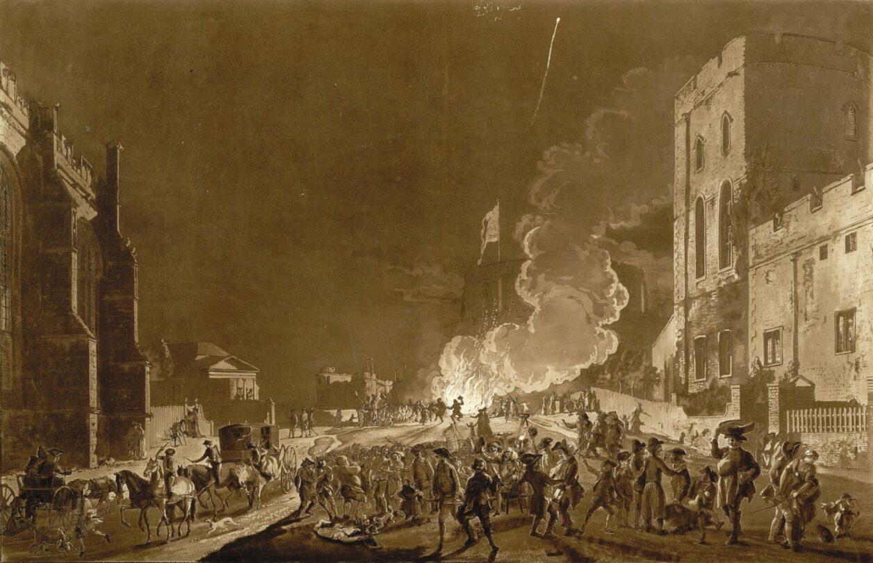 Oslavy Noci Guye Fawkese na hradě Windsor od Paula Sandbyho, přibližně z roku 1776.