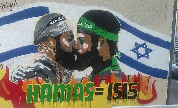 Graffiti v Tel Avivu poukazující na příbuznost teroristických organizací Hamás a ISIS.