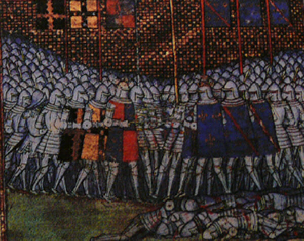 Dobové znázornění bitvy u Kresčaku, v níž Karel IV. ztratil svého otce. 