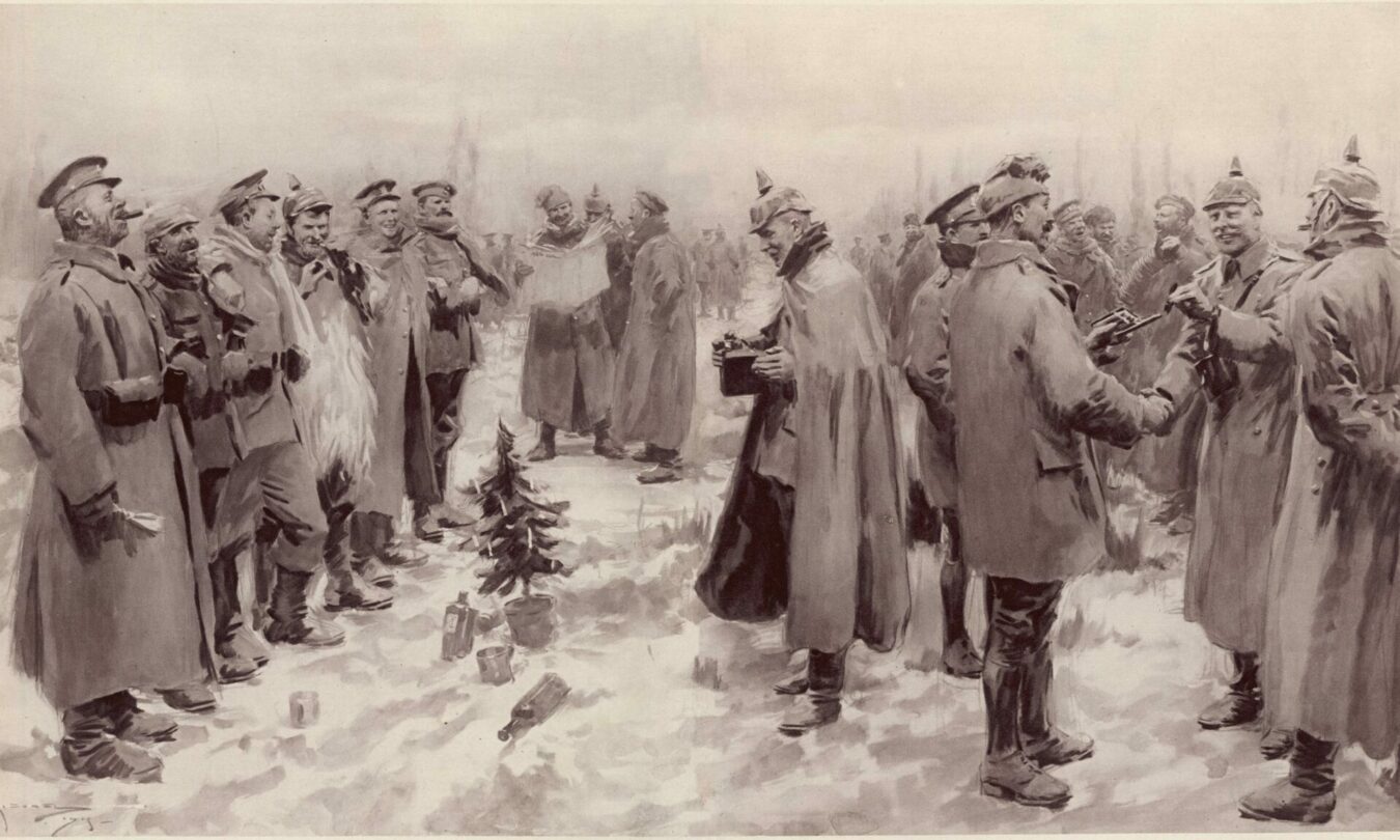 Ilustrace vánočního příměří v londýnských novinách The Illustrated London News s titulkem: „Britští a němečtí vojáci si vyměňují pokrývky hlavy: Vánoční příměří mezi nepřátelskými zákopy“