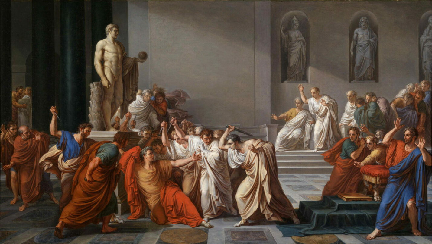 Caesar jako oběť spiknutí senátorů na obraze Vincenza Camucciniho.