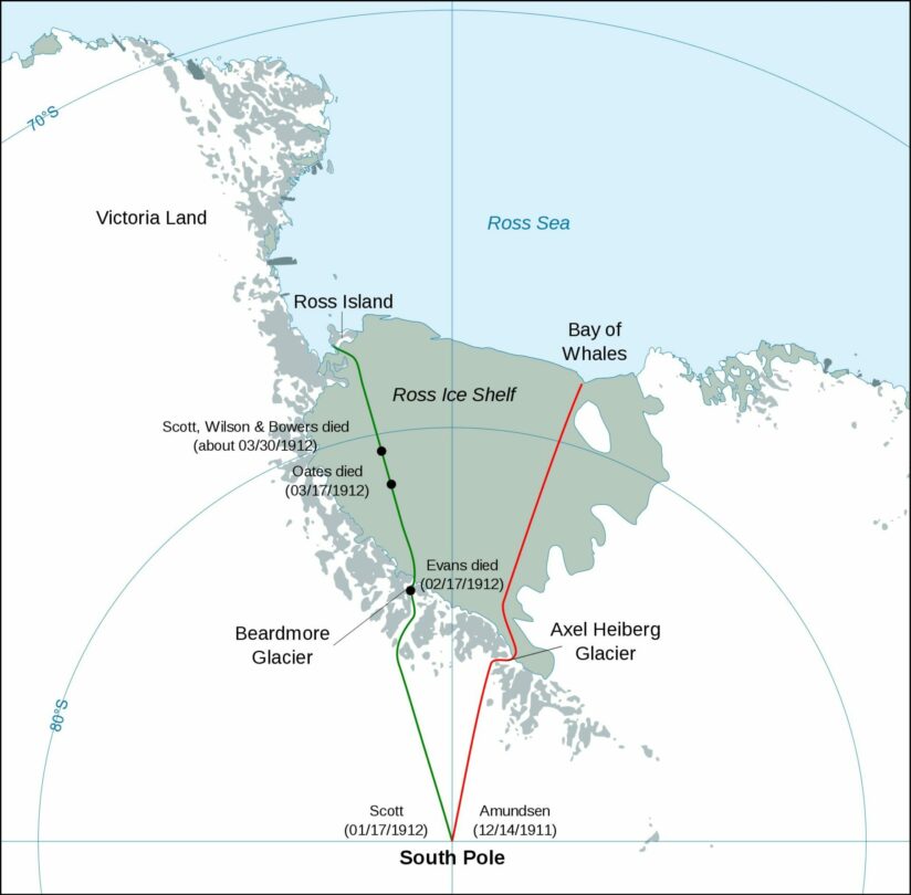 Srovnání trasy Amundsena (červená linka) a Scotta (zelená linka) k jižnímu pólu. 

