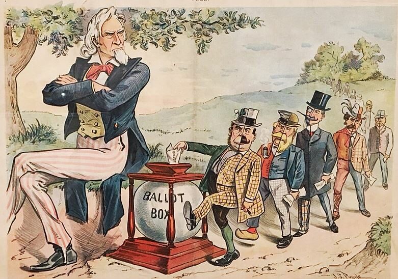 Karikatura s tématem amerických voleb z roku 1899.