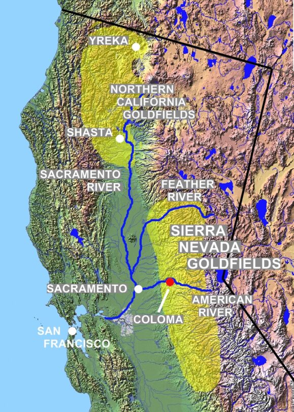 Žlutě jsou vyznačena ta nejvýznamnější zlatonosná území na území Kalifornie.