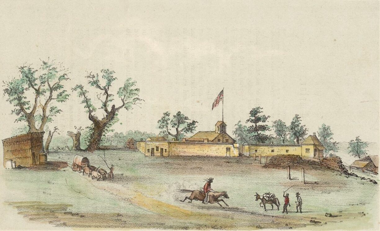Fort Sutter v Kalifornii na kolorované rytině z roku 1849.