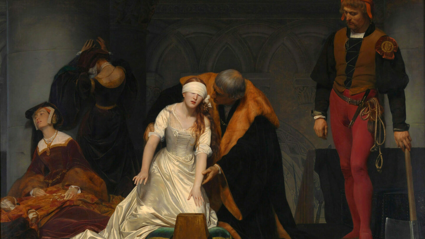 Poslední chvíle mladičké královny na obraze francouzského malíře Paula Delaroche z roku 1833.