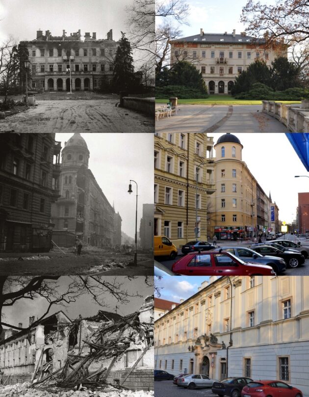 Jak vypadaly zničené budovy bezprostředně po náletu a jak vypadají v současnosti? Seshora: Gröbeho vila, Slezská ulice, Všeobecná fakultní nemocnice.