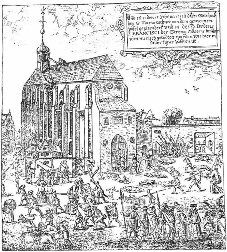 Útok na klášter u Panny Marie Sněžné na kresbě neznámého autora, pocházející zřejmě z konce 17. století. 
