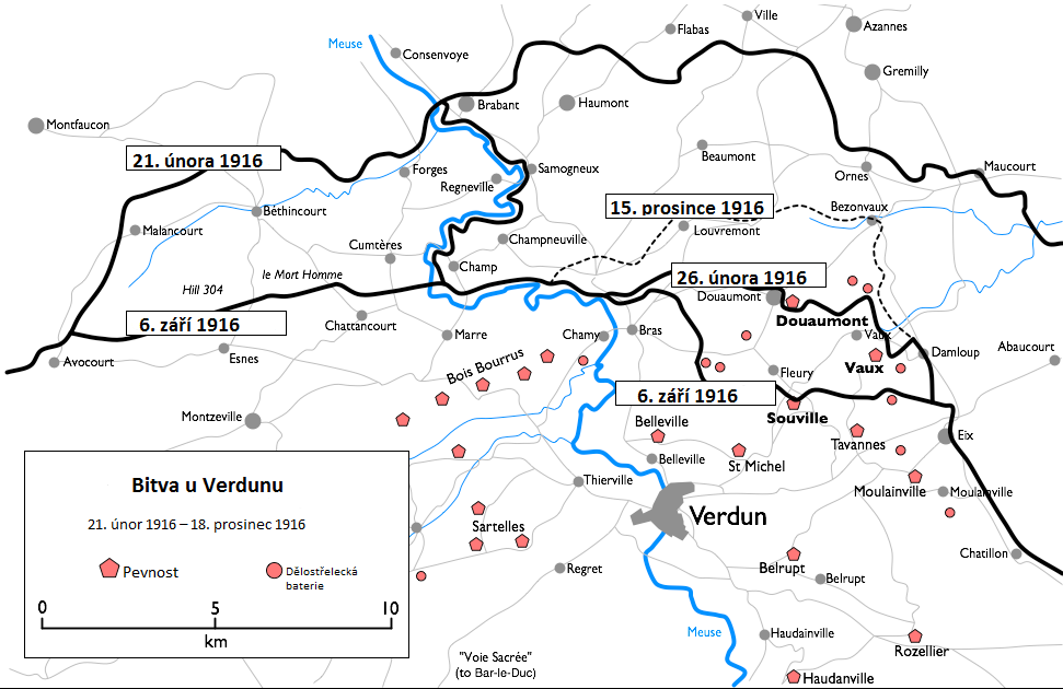 Rozmístění pevností a dělostřeleckých baterií v bitvě u Verdunu.