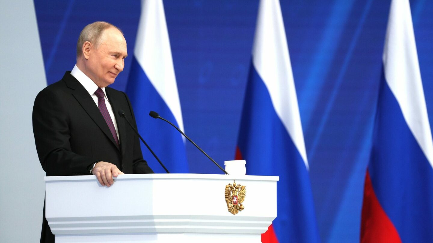 Ruský prezident Vladimir Putin během projevu před Federálním shromážděním Ruské federace 29. února 2024.