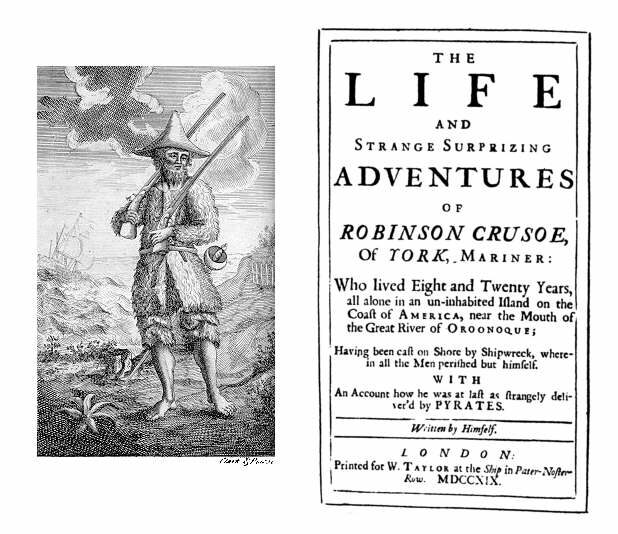 Frontispis a titulní strana prvního vydání Robinsona Crusoea z roku 1719. 