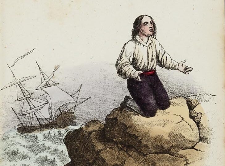 Ilustrace slavného trosečníka v nizozemském vydání románu v roce 1860.