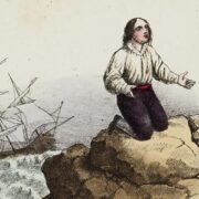 Ilustrace slavného trosečníka v nizozemském vydání románu v roce 1860. 
