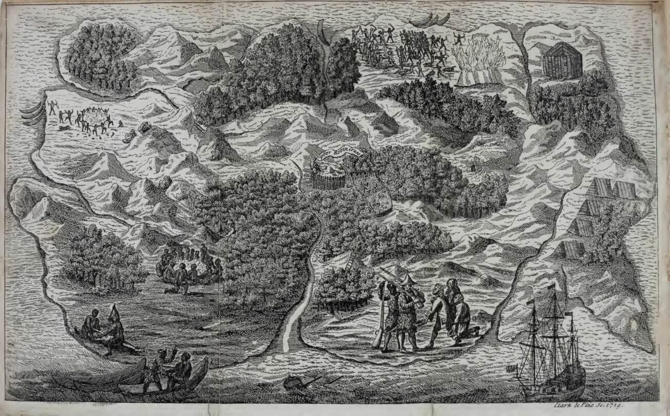 Mapa ostrova Zoufalství, jak svůj nový domov v románu slavný trosečník pojmenoval. 