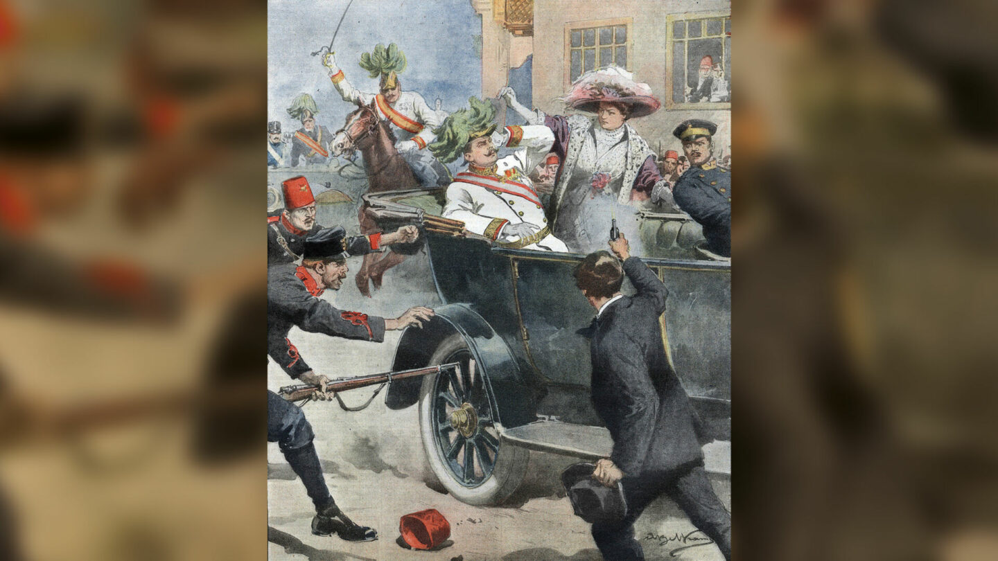 Sarajevský atentát na Františka Ferdinanda dʼEste a jeho manželku Žofii ilustroval pro italský týdeník La Domenica del Corriere výtvarník Achille Beltrame (1914).