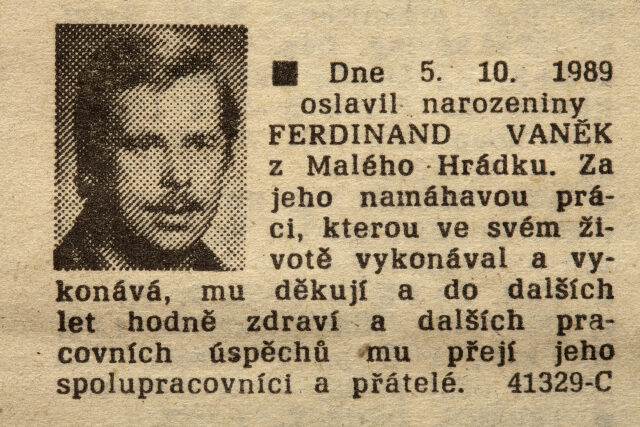Blahopřání k narozeninám Václavu Havlovi, které vyšlo 7.10.1989 v Rudém právu pod jménem Ferdinand Vaněk.