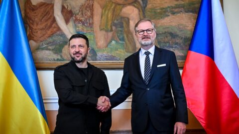 Ukrajinský premiér Volodymyr Zelenskyj a premiér Petr Fiala